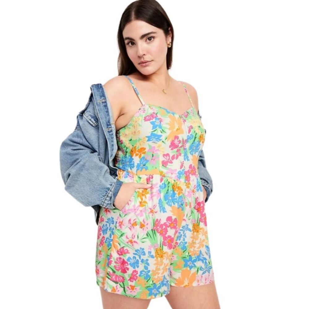 OLD NAVY Multicolored Floral Sz XL Linen Blend Romper 1 pc Outfit Side Pockets